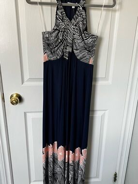 cleo Navy Maxi Dress with Zebra Print Bodice and Pink Floral Border